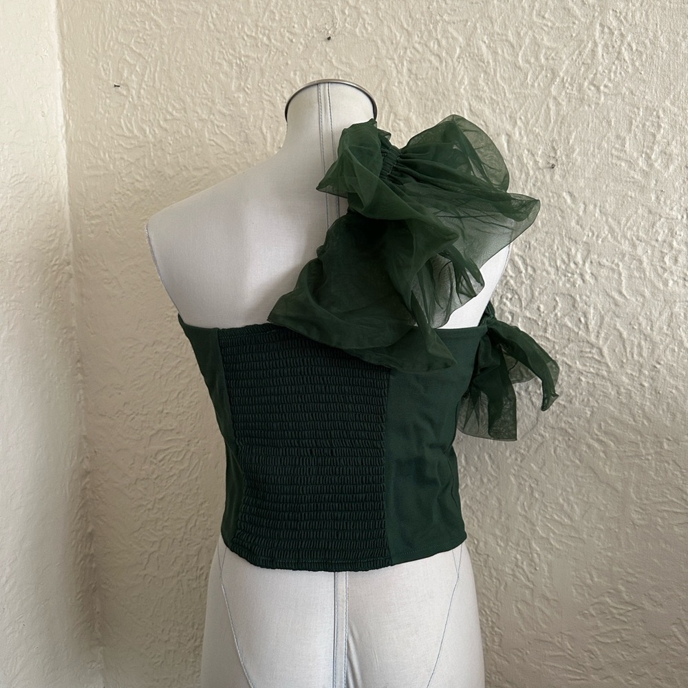 Anthropologie Sunday in Brooklyn Forest Green Asymmetrical Tulle Ruffle Top M - Picture 9 of 13
